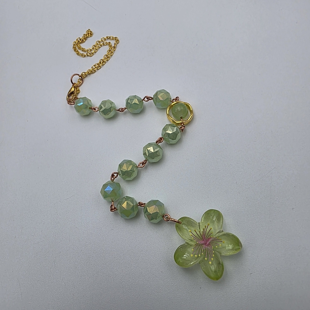 Green Flower Car Charm with Faceted Glass Beads - Handmade - Picture 3 of 5